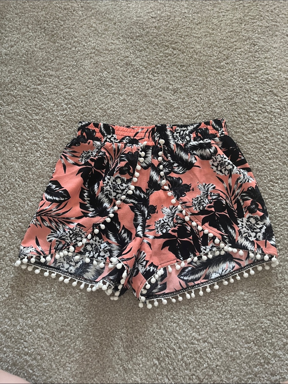 Charlotte Russe Coral Floral Pom-Pom Trim Shorts